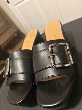 Unisa Black Leather Slide Mules with Decorative Buckle